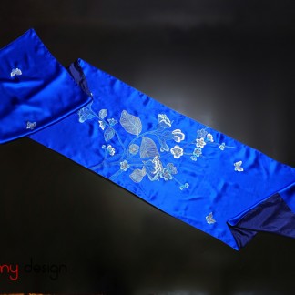 Blue silk scarf hand-embroidered with orchids 40*200 cm